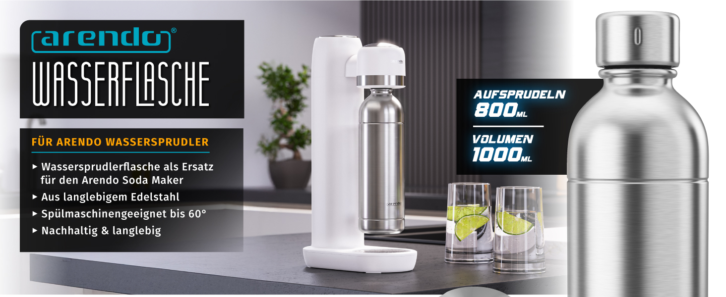 Сифон для газування води Arendo Soda Maker з двома пляшками (1000 мл BPA-free та 1000 мл нержавіюча сталь), сумісний з циліндрами CO2 60 л