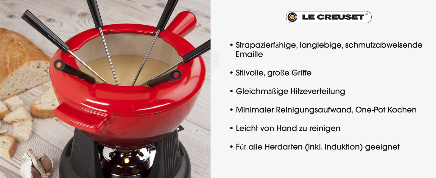Фондю-набір Le Creuset з чавуну, 2,0 л, червоний (Kirschrot), з 6 виделок, кришкою та підставкою