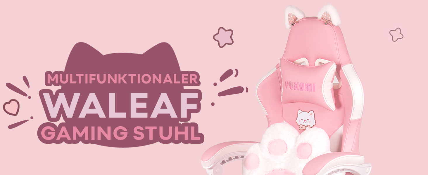Ігровий крісло Waleaf з підголовником у вигляді лапки кота та вушками, ергономічний геймерський крісло з підніжкою, регульоване крісло для комп'ютера з PU шкіри для дівчаток-підлітків, ігрове крісло 135кг, рожеве