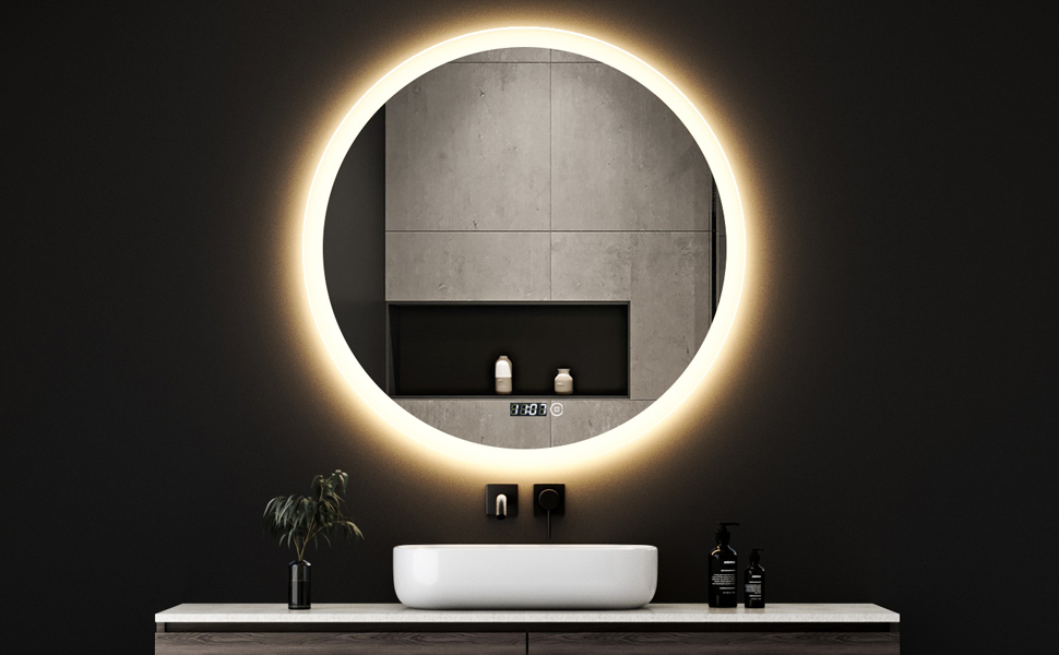 Круглий дзеркало для ванної кімнати Boromal з підсвічуванням, годинником та 3 кольорами світла (60см)
