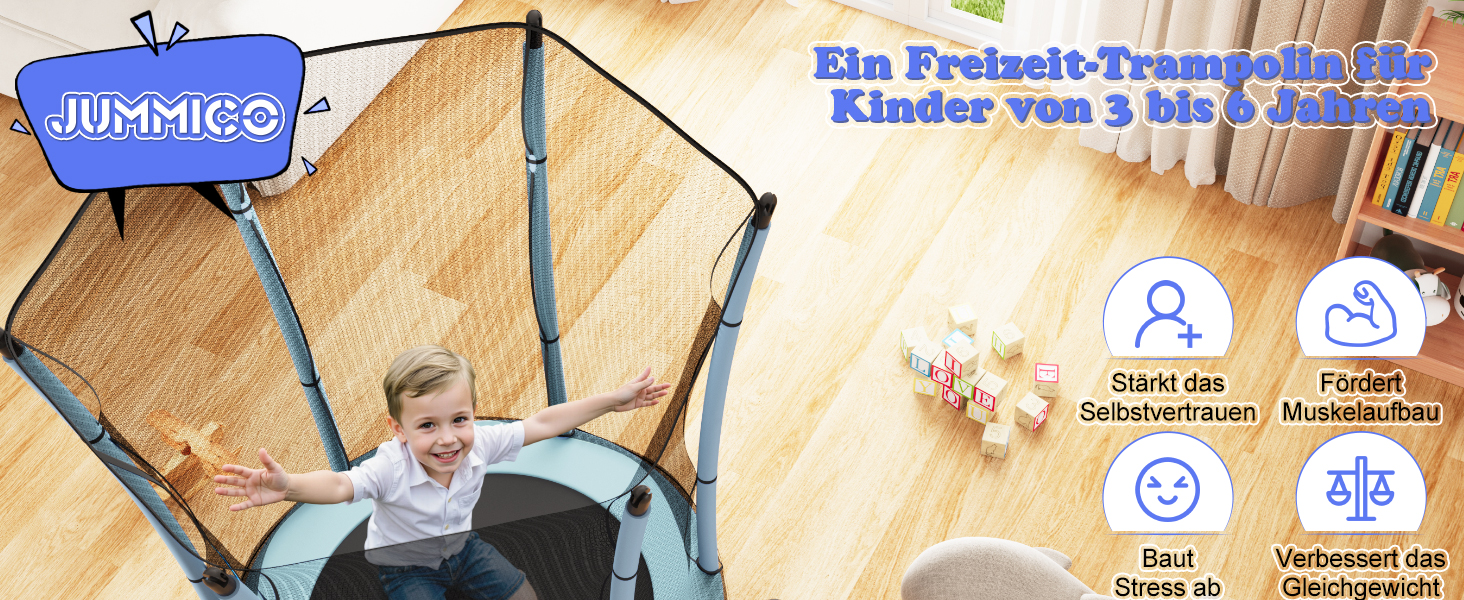 Батут дитячий JUMMICO з захисною сіткою Ø145 см, до 50 кг, блакитний - для дому та вулиці, від 3 років