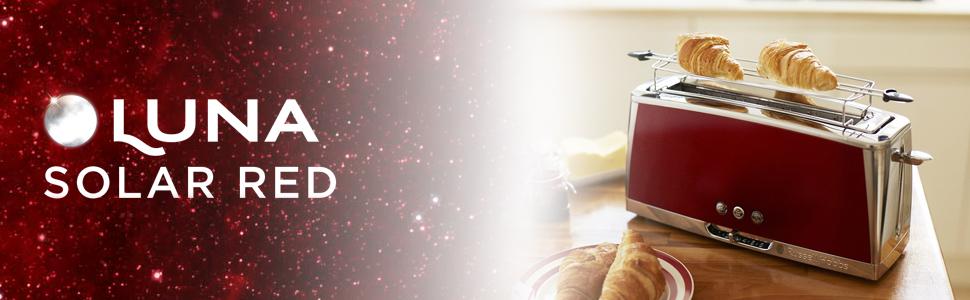 Тостер Russell Hobbs Luna Edelstahl Red для 2 скибок хліба з широким прорізом, з підставкою для булочок, 6 режимів підсмажування, розморожування та підігрів - 23250-56