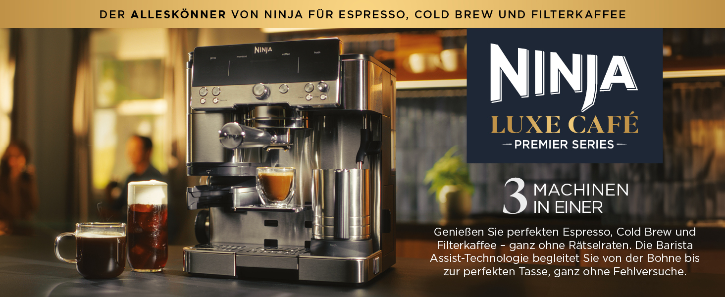 Кавомашина Ninja Luxe Premier 3-в-1 з млинком і капучинатором, для латте, капучино, еспресо, холодної кави, 4 режими спінювання, срібляста, ES601EU, євро-штекер