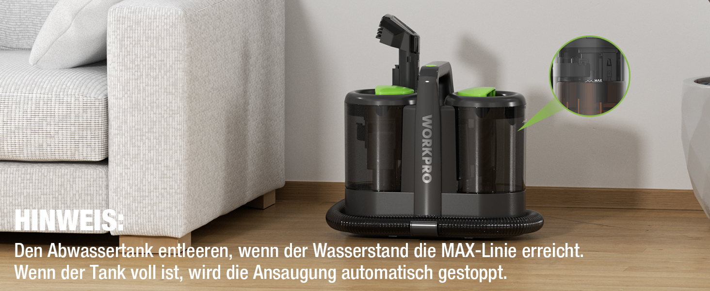 WORKPRO Мийний пилосос 450W 13kPa, 1.6L з миючим засобом та 2 насадками, для килимів, диванів, авто