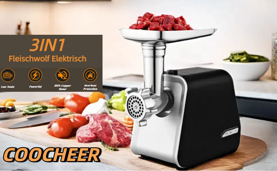 М'ясорубка електрична Profi 2000W з насадками для ковбас та печива, сріблясто-чорна