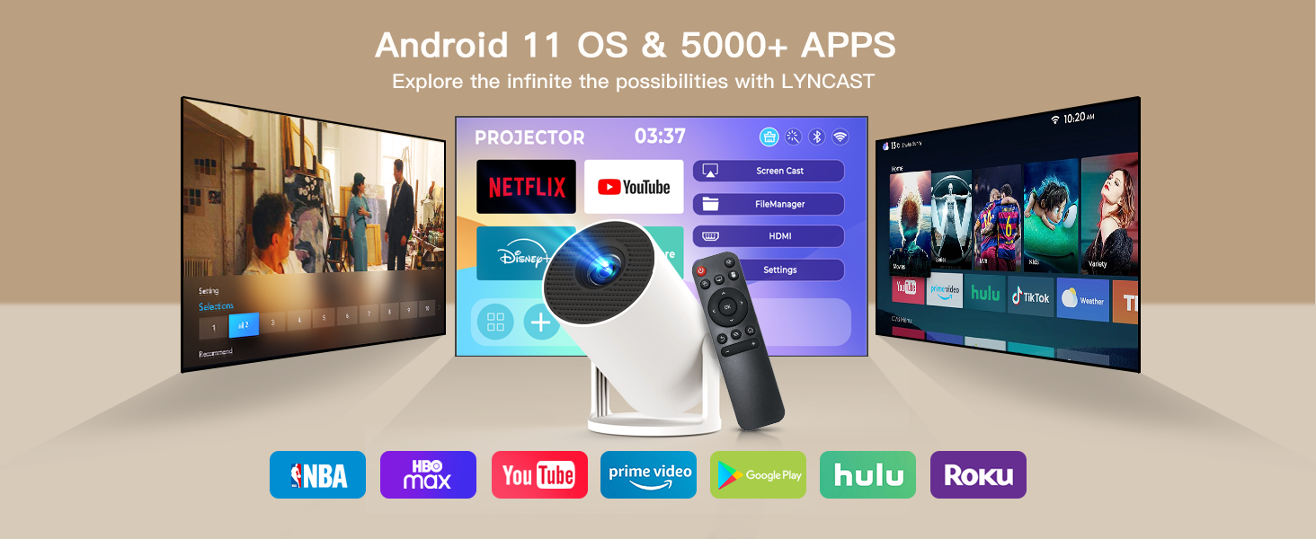 Портативний проєктор LYNCAST HY300 Pro з Wi-Fi, Bluetooth та Android 11. Підтримка 1080P/4K, поворотний на 180°, для домашнього кінотеатру та використання на відкритому повітрі