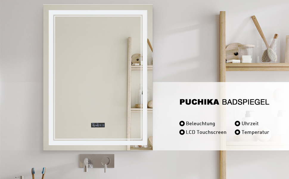 Дзеркало для ванної кімнати Puchika з підсвічуванням LED, 50x70 см, настінне, диммер, 3 кольори світла (3000-6400K), IP44, A+, сенсорне керування, антизапар