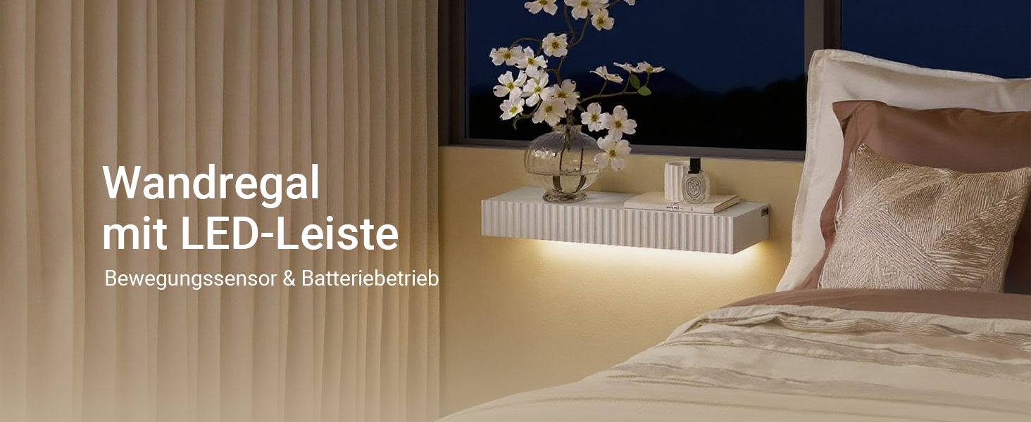 Настінна полиця з шухлядою та LED-підсвіткою SoBuy, біла, 60x20x8 см, для спальні, коридору, вітальні FHK38-W