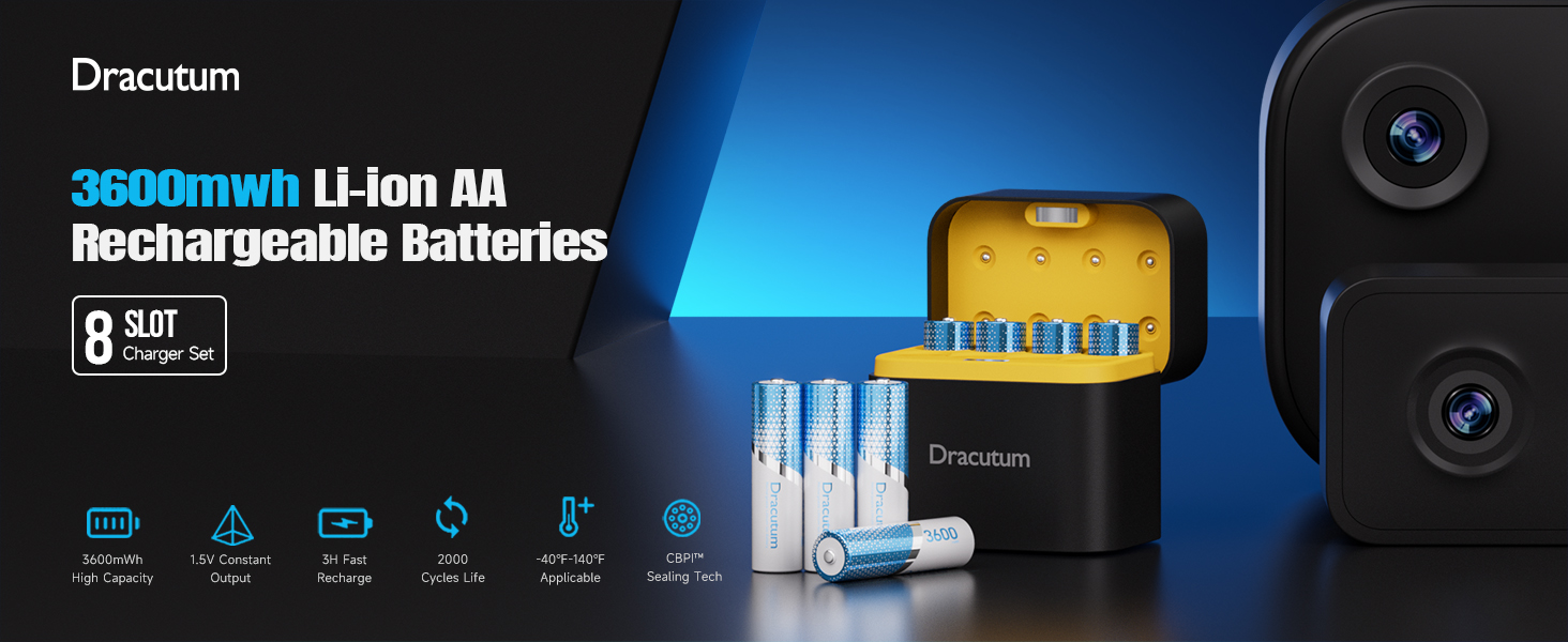 Набір акумуляторів AA Li-ion 1.5V 3600mWh (8 шт.) з зарядним пристроєм на 8 слотів, висока ємність, 2000 циклів зарядки