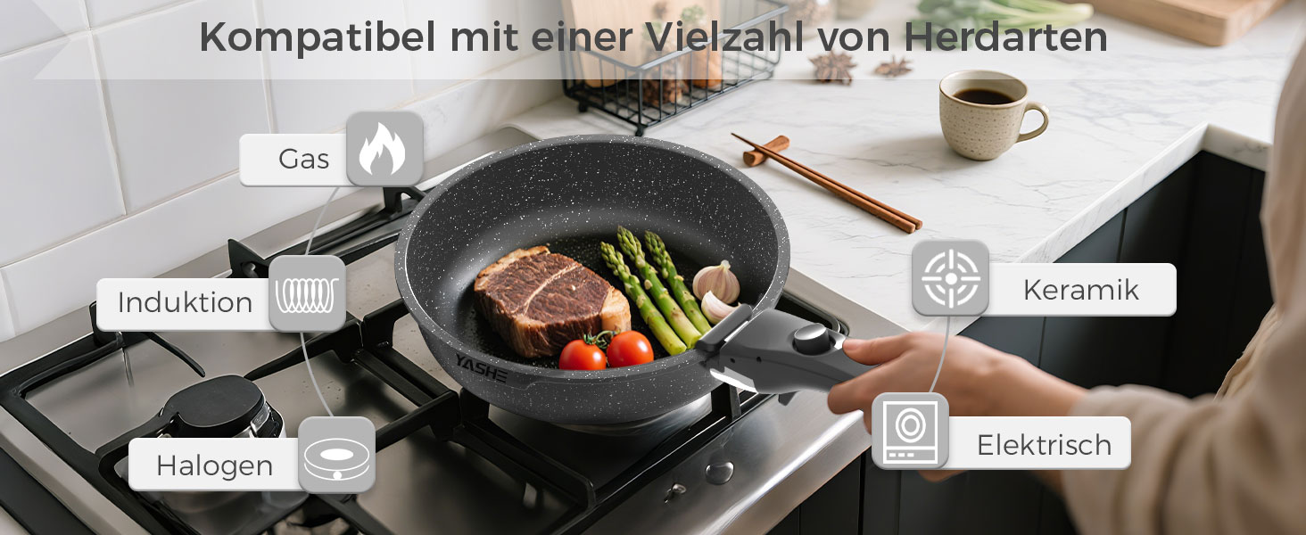 Набір каструль та сковорідок YASHE 9 шт. з антипригарним покриттям, білий (сірий), для всіх плит, знімний ручка, сумісний з духовкою, компактний, економія місця