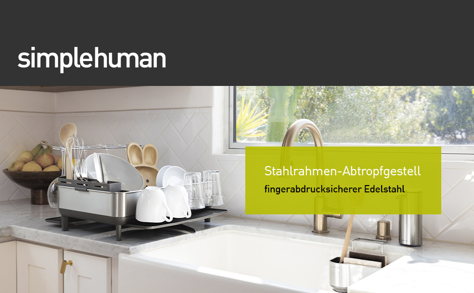 Підставка для посуду simplehuman KT1181 зі сталевим каркасом, піддоном для зливу води та тримачем для столових приборів, велика, матова нержавіюча сталь, біла