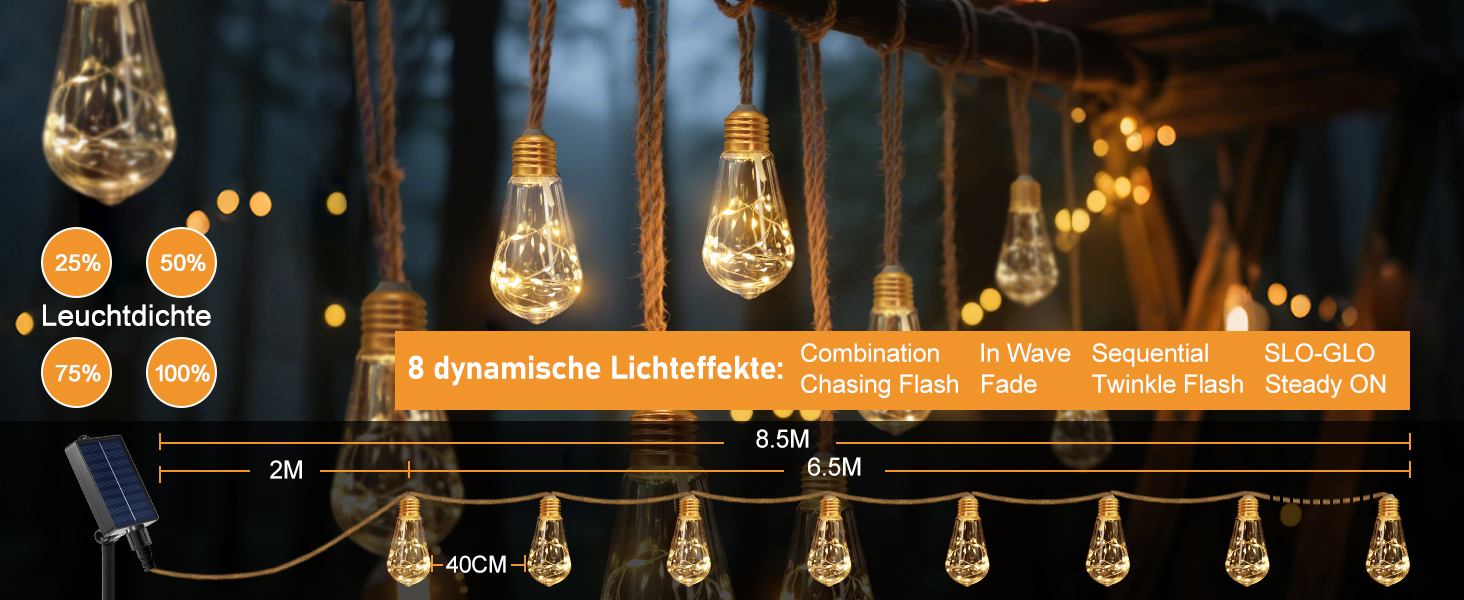 LED-гірлянда сонячна зовнішня 10м, 16+1 G40, диммування, 3 режими, пульт дистанційного керування, вологостійка, тепле світло, для саду, балкону, декору