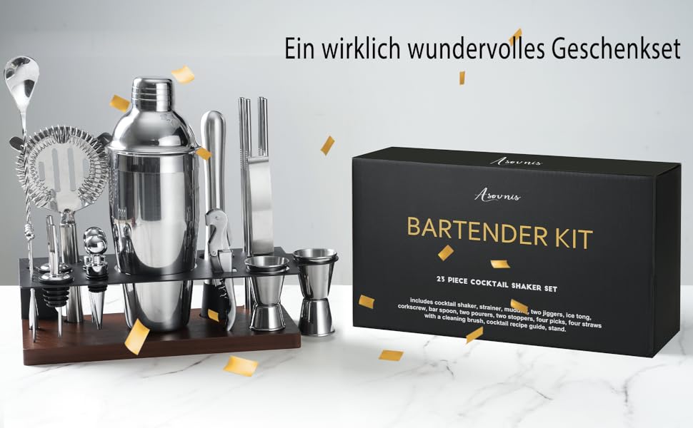 Набір бармена на 23 деталі з підставкою | Комплект шейкерів для коктейлів з інструментами: шейкер Мартіні, сито, ложка, мадлер, для дому, бару, вечірки (шоколадний)