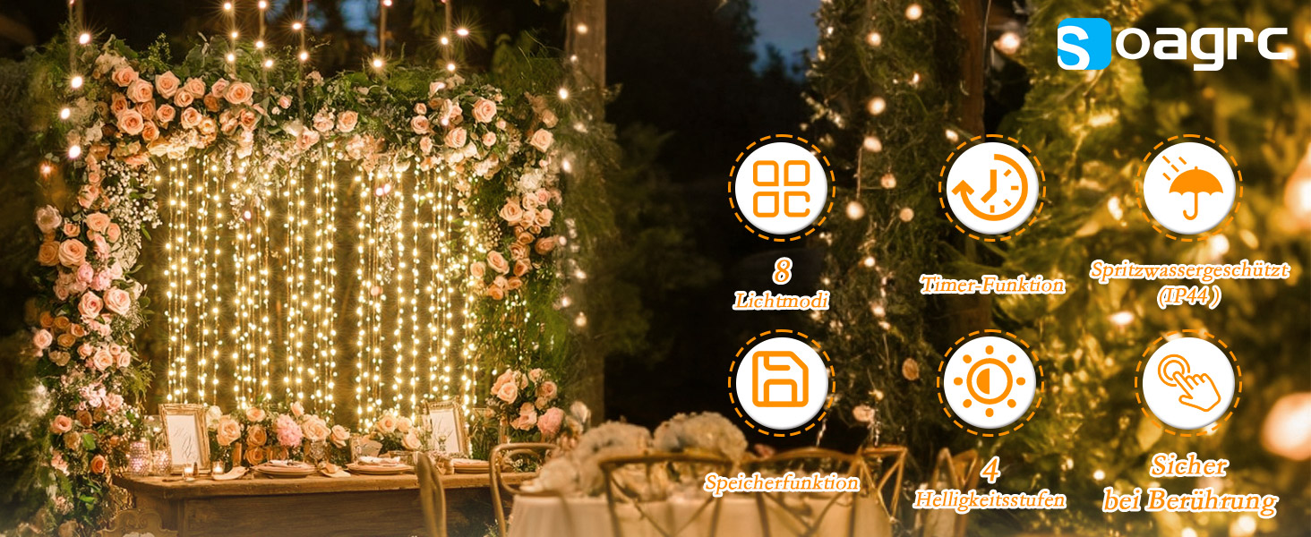 Світлодіодна гірлянда для вулиці 400 LED, 40м, теплий білий колір, IP44 водонепроникна, з пультом керування, 8 режимів та таймером для саду, балкона та Різдва