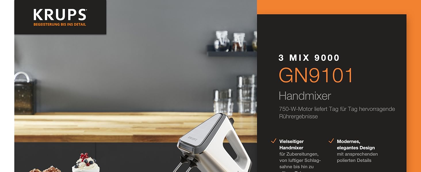 Міксер ручний Krups 3Mix 9000, 750 Вт, білий - з насадками для збивання та тіста