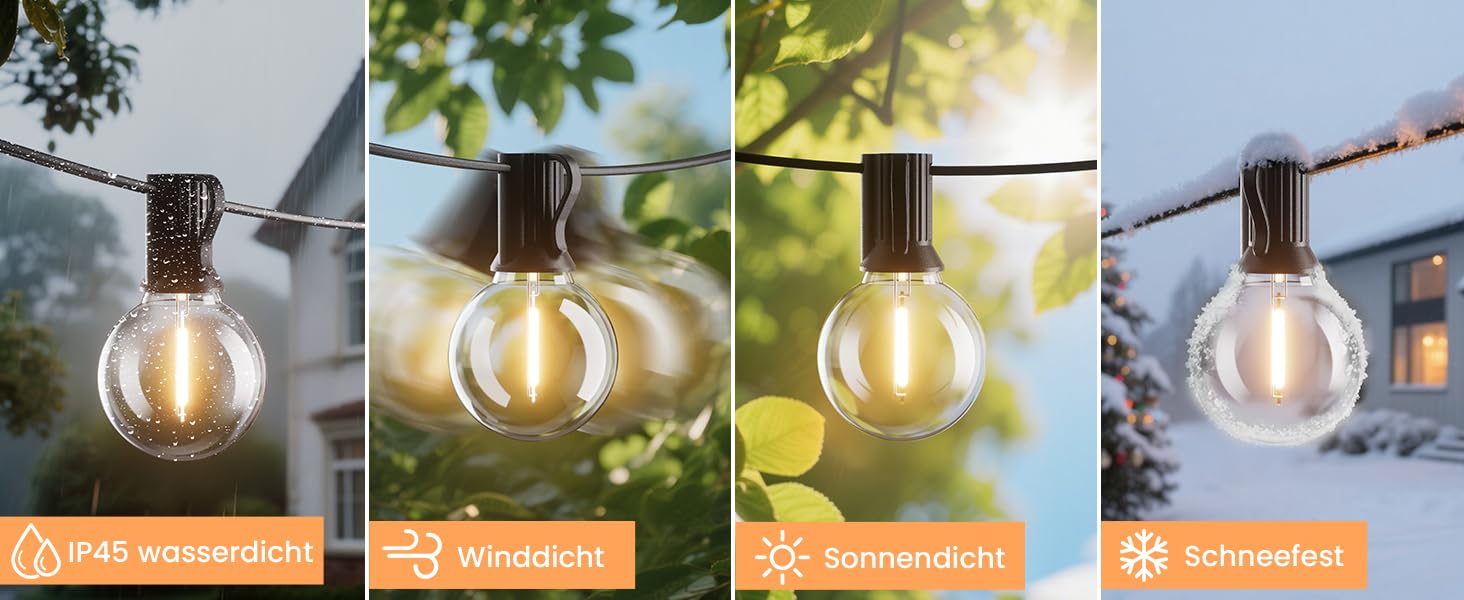 LED гірлянда вулична 15м, 16 ламп, IP65, теплий білий 2700K, для саду, тераси, весіль