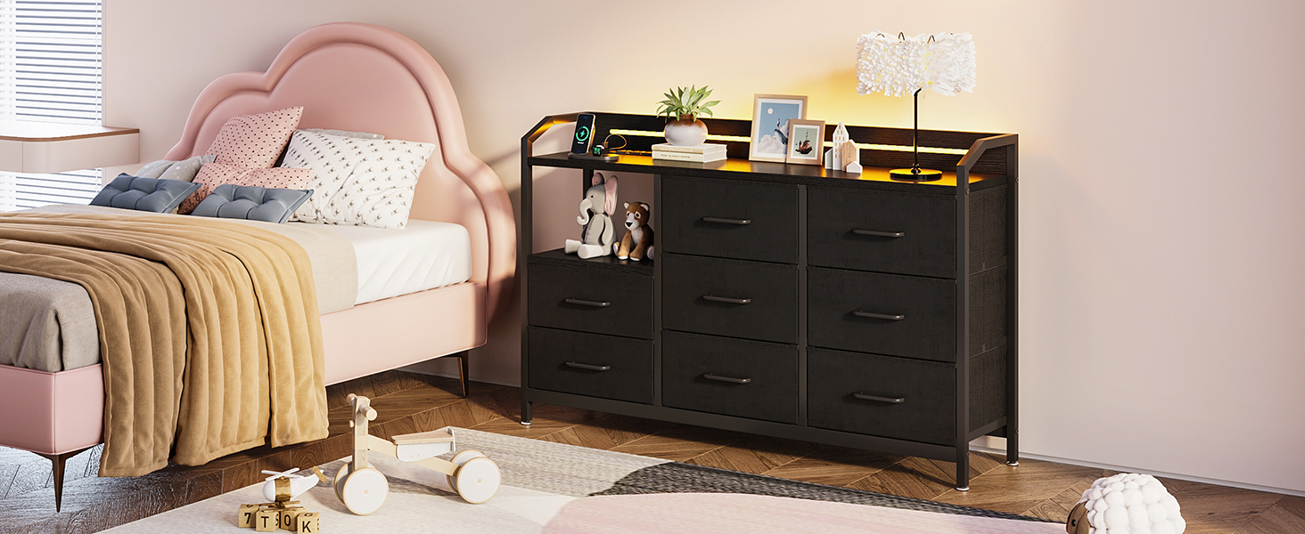 Комод ODK з висувними ящиками та LED-підсвіткою, 10 кольорів, 2 USB та 2 AC розетки, 8 тканинних ящиків, для вітальні та спальні, 110x30x88 см (Чорний)