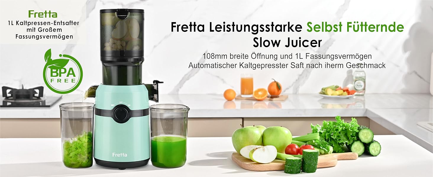 Фреш-прес Fretta: повільний соковичавник з широкою завантажувальною трубою (108 мм), 200W, 1 л, BPA-free Tritan, блакитний