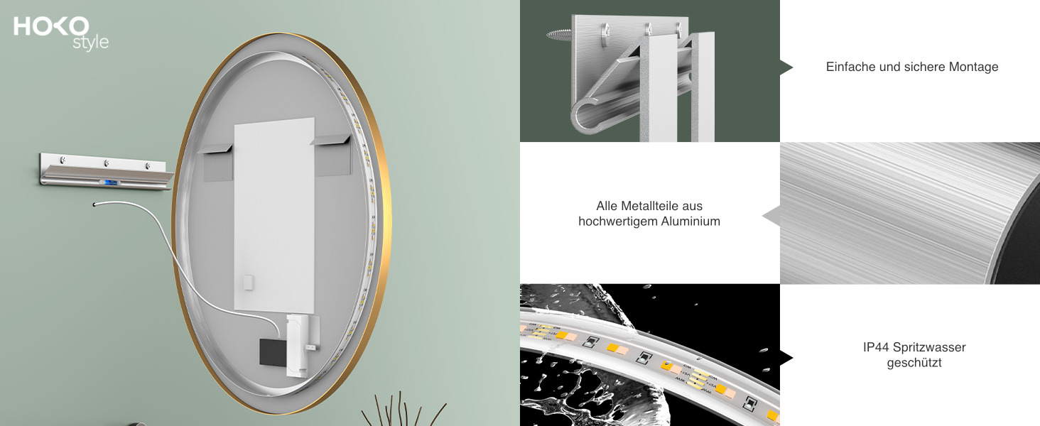 Дзеркало для ванної кімнати HOKO Design Riga, кругле, 60 см, з металевим каркасом Gold. LED-підсвічування, сенсорне керування, зміна кольору світла (тепле, холодне, нейтральне). 60 x 60 см