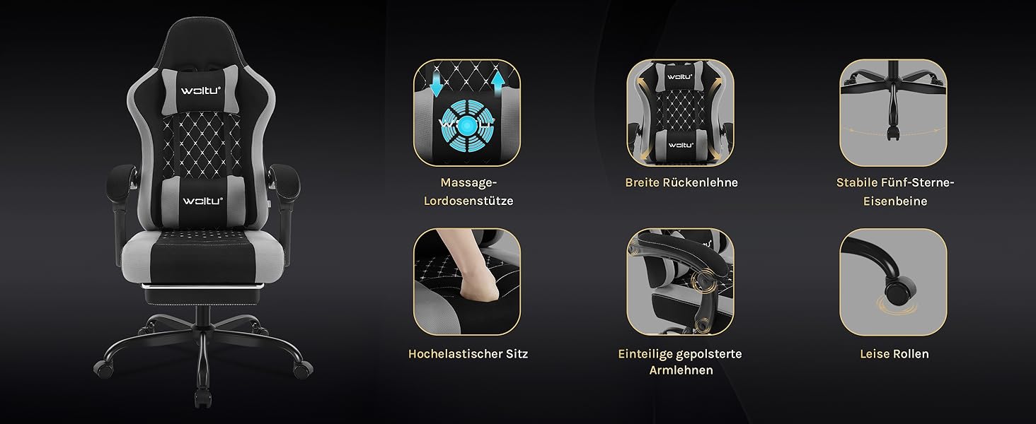 Ігровий крісло WOLTU з масажем, комп'ютерне ергономічне крісло, кишенькові пружинні подушки, поперекова масаж, підголовник, підніжка, поворотне крісло, 150 кг, Рожевий+Білий (Чорний+сірий, сітчаста тканина)
