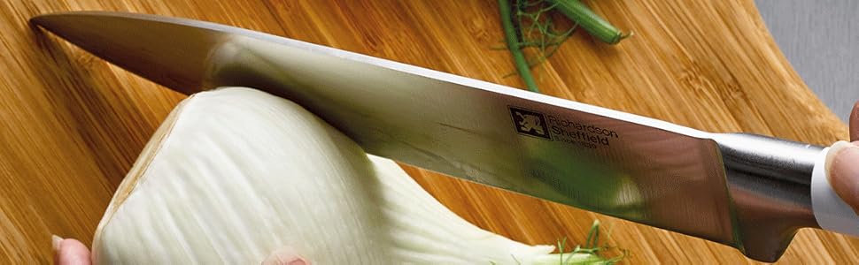 Набір ножів Richardson Sheffield FUSION з дерев'яним блоком, 5 предметів. Кухонні ножі: універсальний, кухарський, для м'яса та хліба. Ергономічна ручка, елегантний дизайн, білий/коричневий.