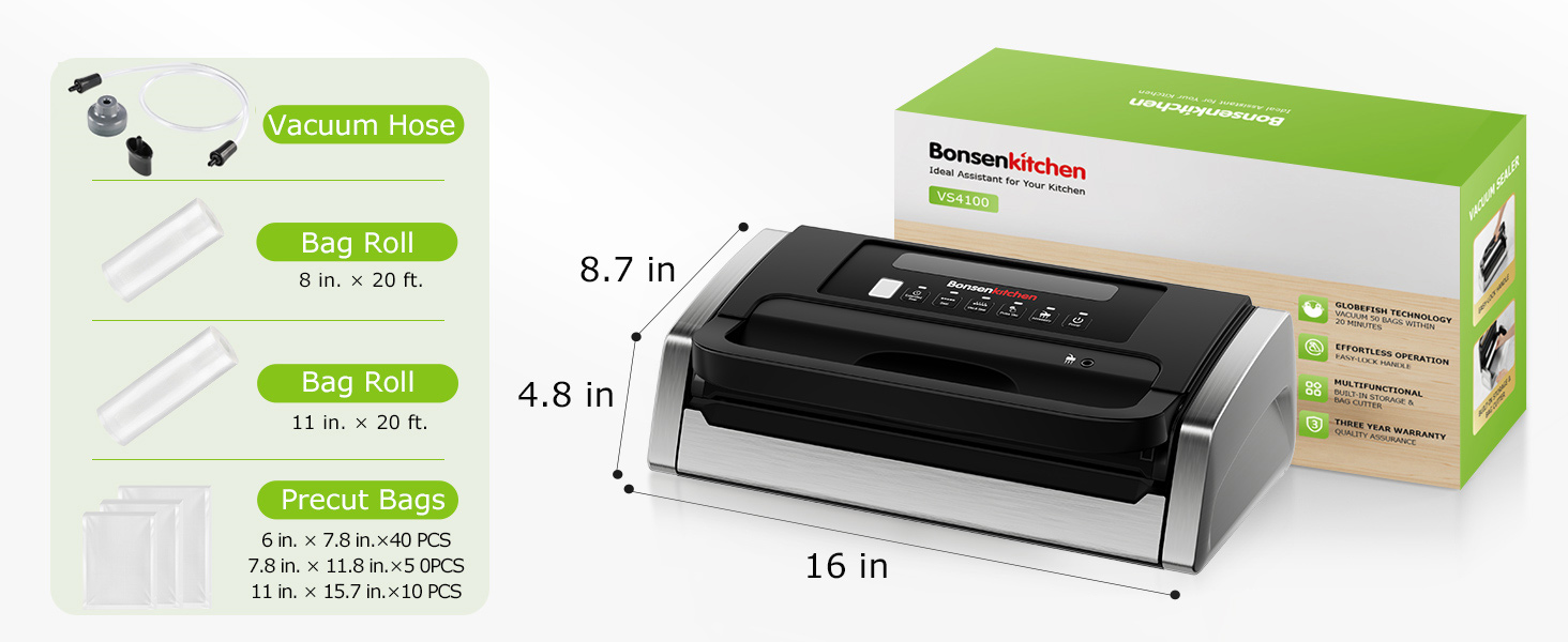 Вакууматор Bonsenkitchen для продуктів, потужний вакуумний пакувальник 15л/хв, з інтегрованим різаком та ручкою-фіксатором, чорний (комплект з 100 пакетами)