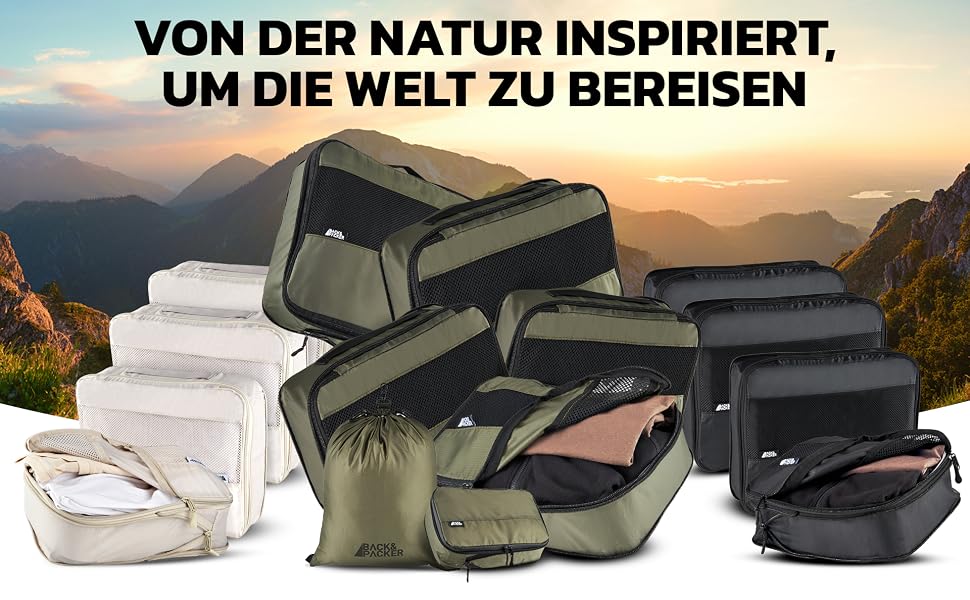 Набір компресійних органайзерів для подорожей BACK&PACKER® (6 предметів) — сумки-пакувальники з переробленого матеріалу для валізи та рюкзака, включаючи мішок для вологого одягу, чорний