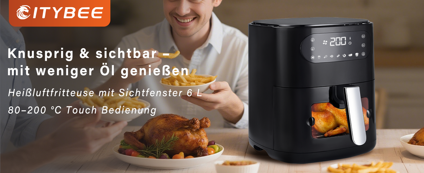 Аерофритюрниця Citybee XXL 10л (5л+5л) з двома камерами та вікном, Dual Zone Airfryer, 2200W, сенсорне керування, таймер 24г, чорна