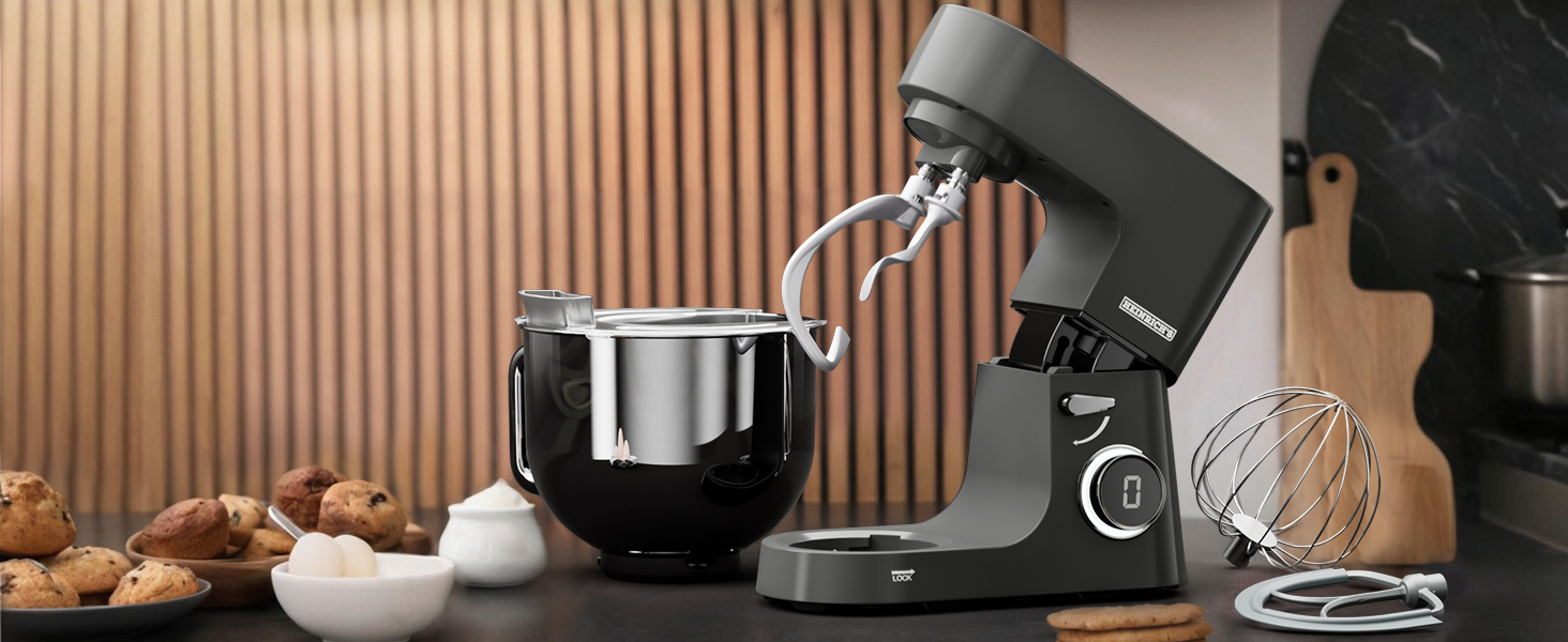 Кухонна машина Heinrichs 2500W з двома гаками для тіста, міксером та насадкою для збивання, 8 швидкостей, чаша 8л з нержавіючої сталі, тиха, з титановим покриттям