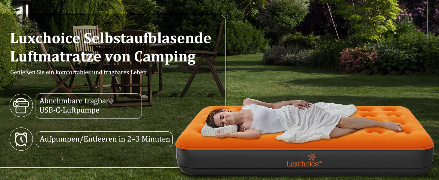Надувна матрац Luxchoice з самонадувною системою та портативним насосом. Двоспальне ліжко для кемпінгу, подорожей та дому. Розмір 203x152x22 см, вантажопідйомність 250 кг