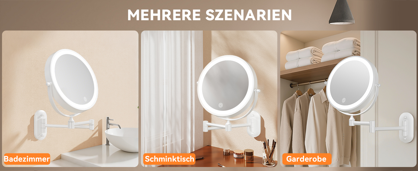 Дзеркало для макіяжу Auxmir з підсвічуванням, 1x, перезаряджуване, з підсвічуванням для гоління, настінне, з регулюванням яскравості, збільшувальне (30x), 3 кольори світла, поворотне на 360°, для ванної кімнати (білий)