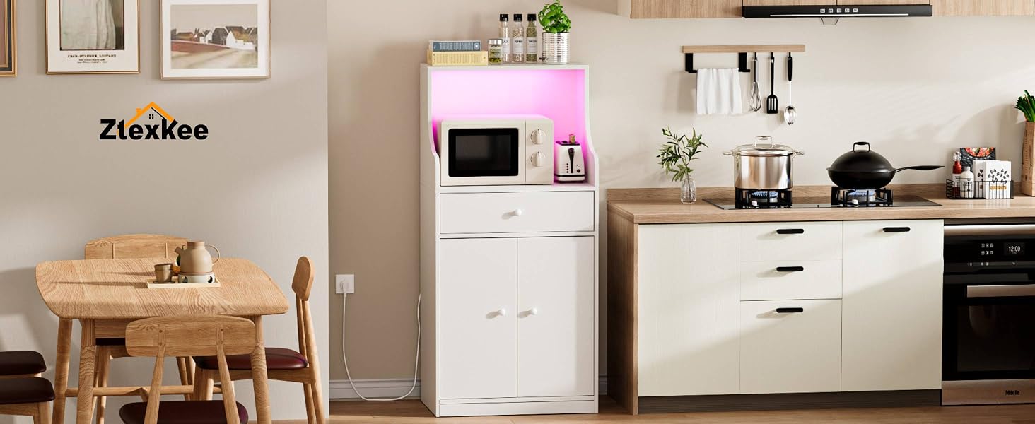 Кухонна шафа-буфет з LED-підсвіткою та розеткою, білий сайдбор з шухлядою, полицею для мікрохвильової печі та великою секцією, 60x40x123 см