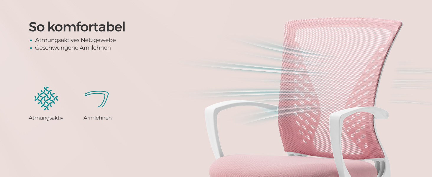 Ергономічне офісне крісло SONGMICS для комп'ютера, сітчасте стілець для робочого столу з функцією гойдання, регулюванням висоти, пастельно-рожеве, до 120 кг, OBN022GD01