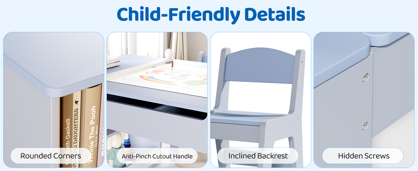 Дитячий стіл MAMIZO з 2 стільцями: дерев'яний стіл для ігор з місцем для зберігання, комплект меблів для дітей, стіл для малювання та рукоділля, від 3 років (блакитний)