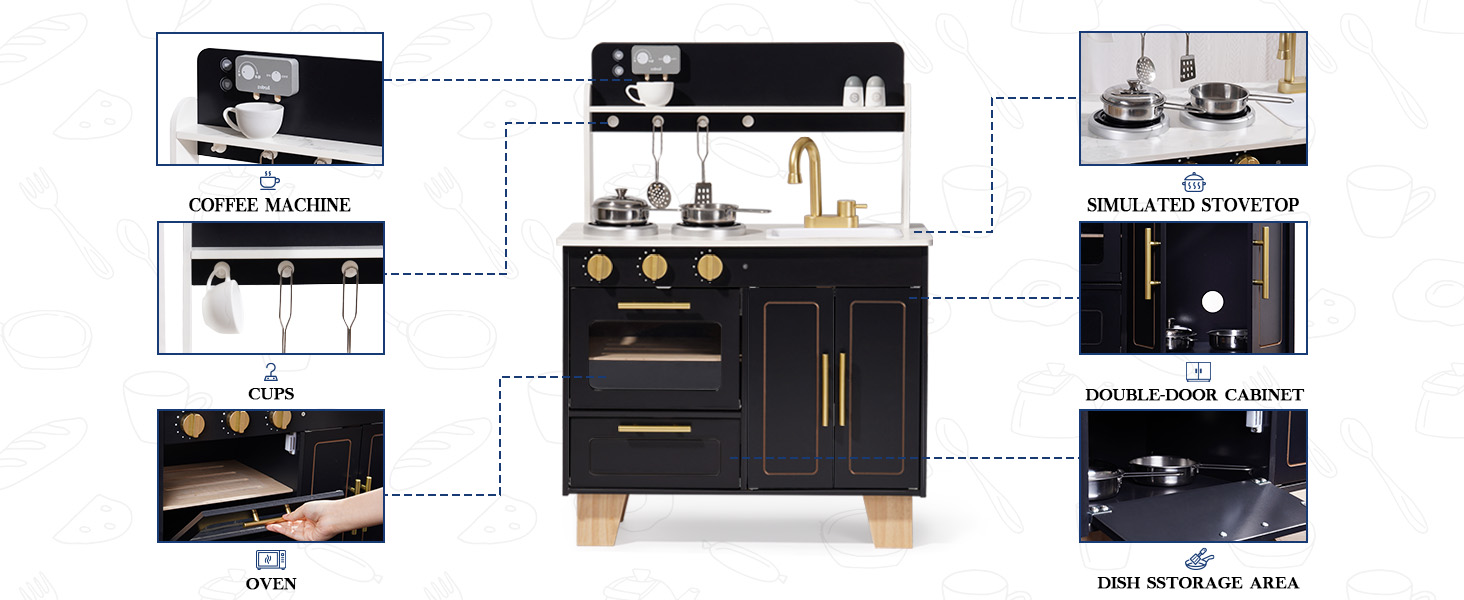 Дерев'яна дитяча кухня ROBUD з аксесуарами, сучасний стиль мармур, реалістичний дизайн, подарунок для дітей від 3 років