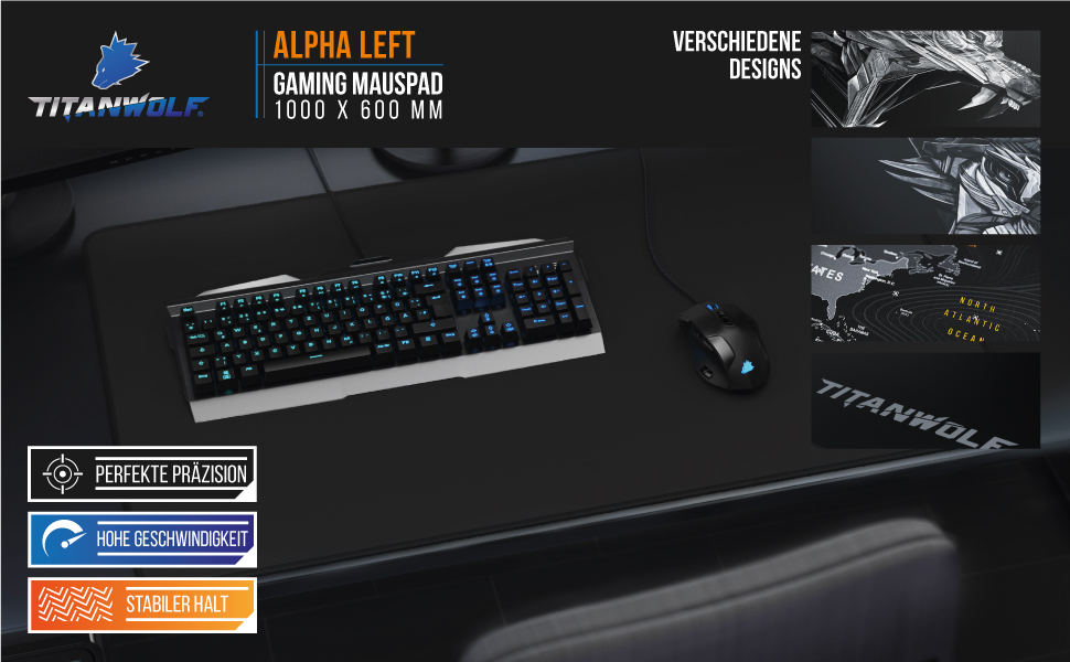 Килимок для миші TITANWOLF XXXL 1000x600mm - великий ігровий килимок з мотивами, покращена точність та швидкість