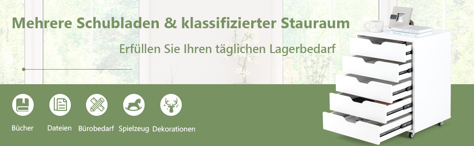 Роликовий контейнер GOPLUS з шухлядами, мобільний офісний шафка, білий/натуральний, 48 x 39,5 x 65,5 см