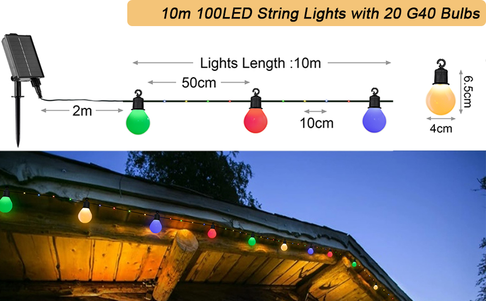 Лампочок - 10M 100 світлодіодних, USB/сонячний, стійкий до погодних умов, барвистий для зовнішнього декору, 20