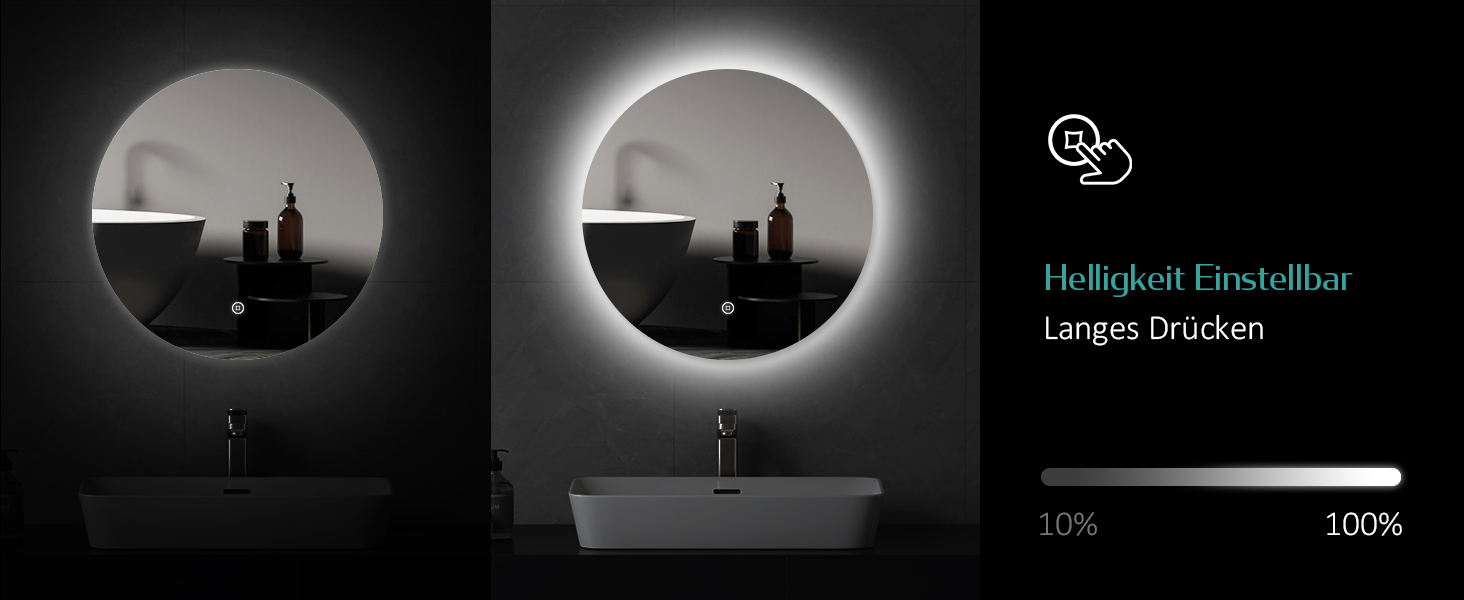 Дзеркало для ванної кімнати EMKE з підсвічуванням, діаметр 50 см, регульоване холодне біле світло, функція пам'яті, сенсорне керування, IP44, енергозберігаюче, заднє підсвічування