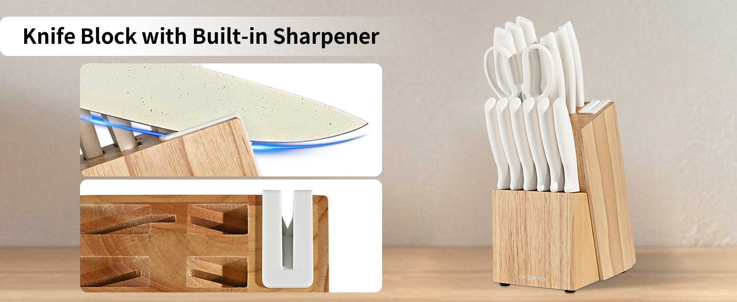 Набір ножів кухонних 15 предметів з точилкою, нержавіюча сталь, для нарізки, шинкування, нарізання кубиками, безпечний, (Білий)