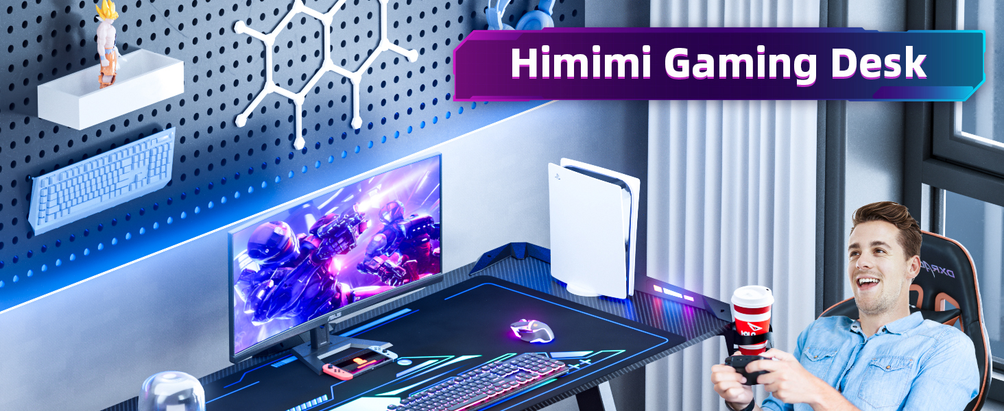 Ігровий стіл Himimi 160x70 см з LED-підсвічуванням, чорний, з коробкою для кабелів, тримачем для напоїв та гачком для навушників