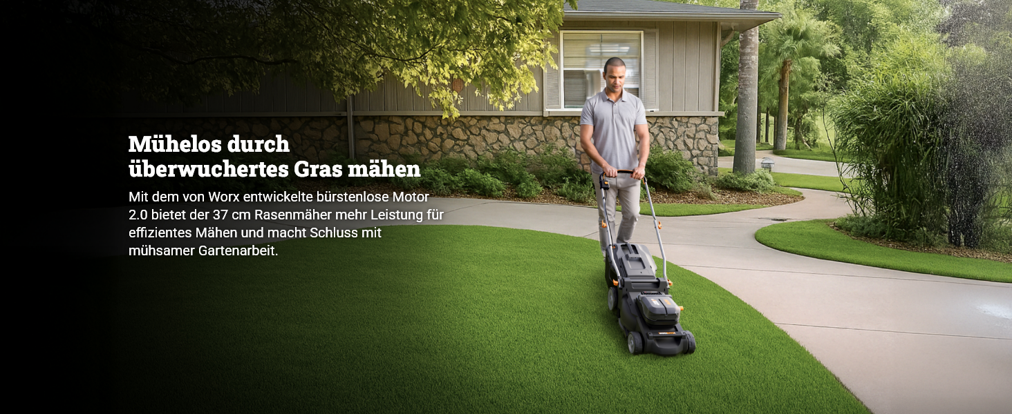 WORX WG737E акумуляторний газонокосарка Nitro 40V (2x20V) - безщітковий двигун, ширина зрізу 37 см, 6 рівнів висоти зрізу (20-70 мм), 40л травозбірник, 2x4Ah акумулятори та подвійний зарядний пристрій, без приводного колеса