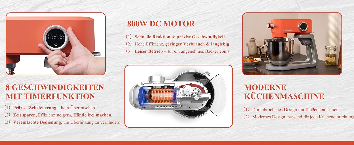 Кухонна машина 5л з місткою чашею з нержавіючої сталі, для тіста, піци, з таймером та 8 рівнями швидкості, з набором насадок (міксер, гак для тіста, вінчик)