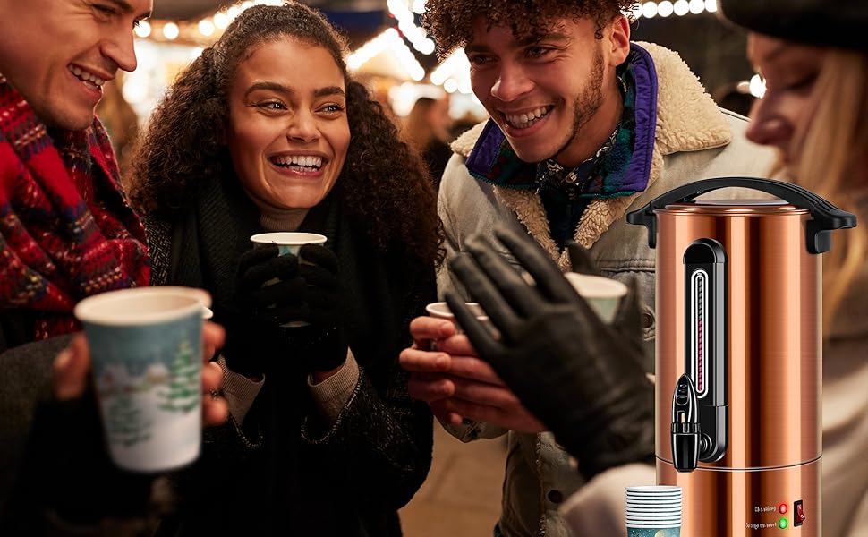 Кесер® Електричний казанок для глінтвейну 10л з нержавіючої сталі, з термостатом, 10 склянок, індикатор рівня, кран, мідний