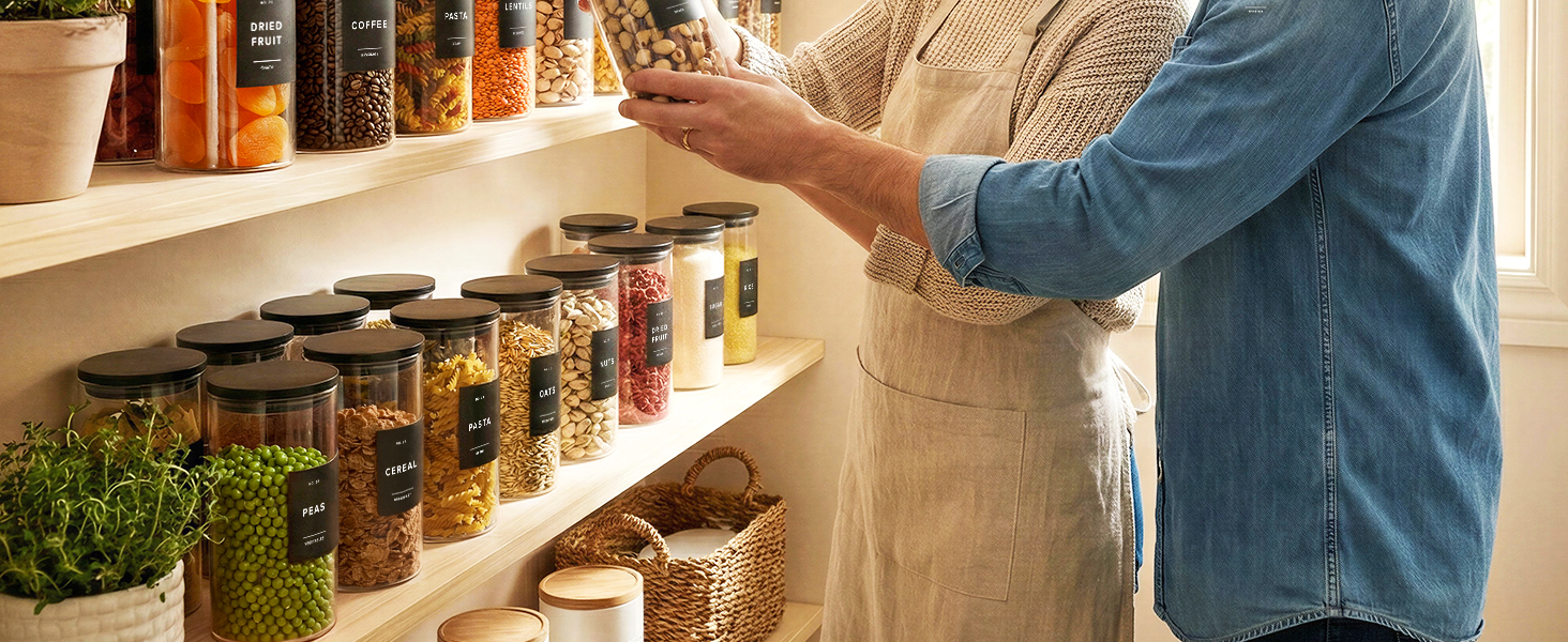 Набір скляних банок для зберігання продуктів EDELHAUS з кришками, чорні (5 шт), 4x1200 мл, з 54 етикетками — органайзер для кухні (борошно, цукор, паста, кава, чай)