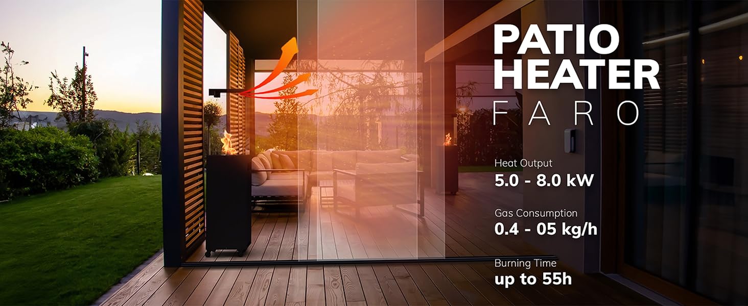 Газовий обігрівач Planika Faro – 8kW, чорний, для тераси та саду, з кришкою, 36 x 36 x 150 см (Газовий балон не входить у комплект)