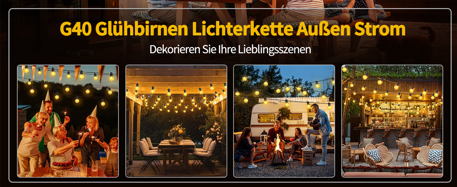 Ланцюжок прикрас для зовнішнього використання, 10м, G40 лампочки. Водостійкий (IP68), диммування, з пультом ДУ. Ідеально для балкона, павільйону, саду, тераси, вечірки, весілля.