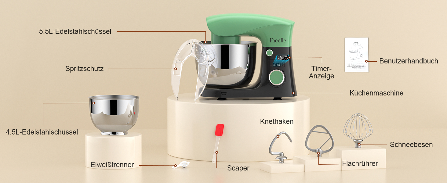 Кухонна машина-міксер Facelle 1500W з великою чашею 5.5/4.5л, 10+ програм, тиха робота, набір насадок (зелено-сірий)