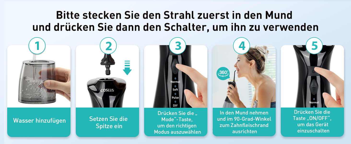 COSLUS Бездротовий електричний іригатор для порожнини рота: 4 режими, портативний, бак 300 мл, з очищувачем язика, для догляду за зубами та подорожей (світло-зелений/світло-чорний)