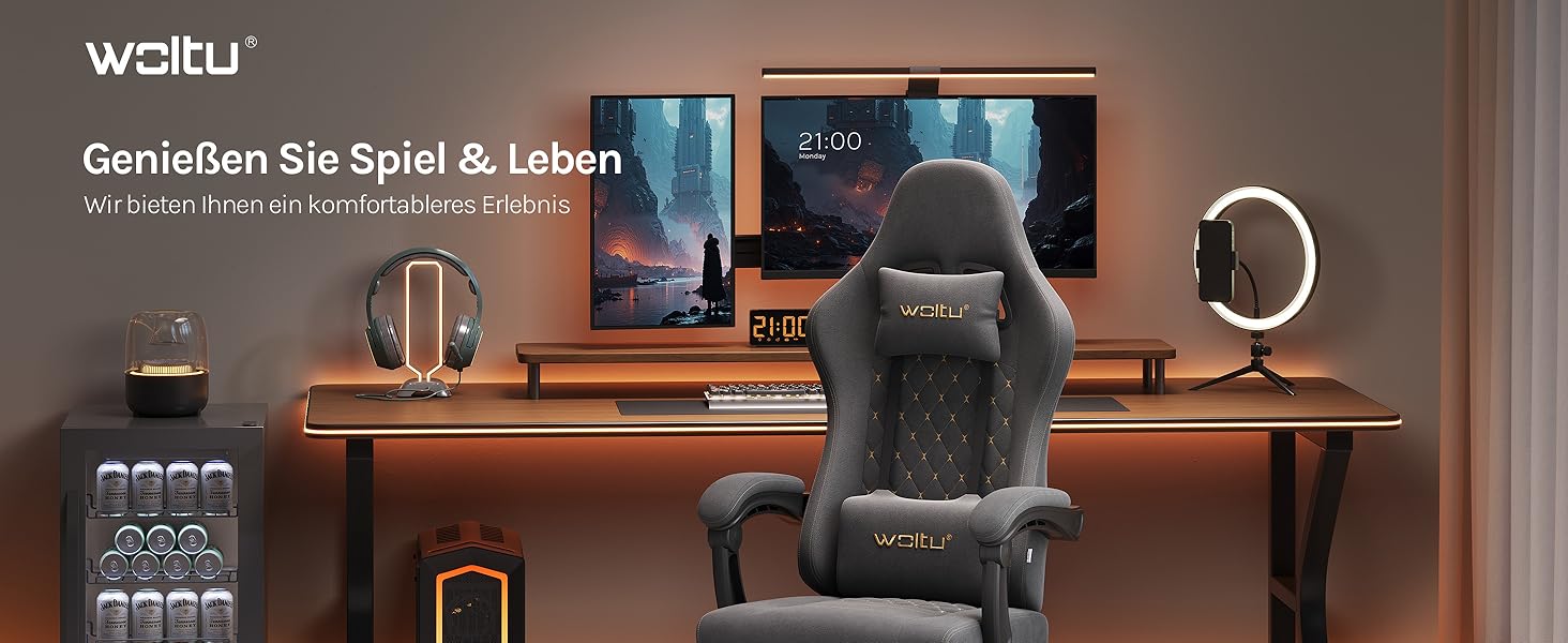 Крісло ігрове WOLTU з масажем, комп'ютерне ергономічне, з пружинним блоком, піддержка попереку, подушка для голови, підніжка, поворотне, 150 кг, сірий+жовтий